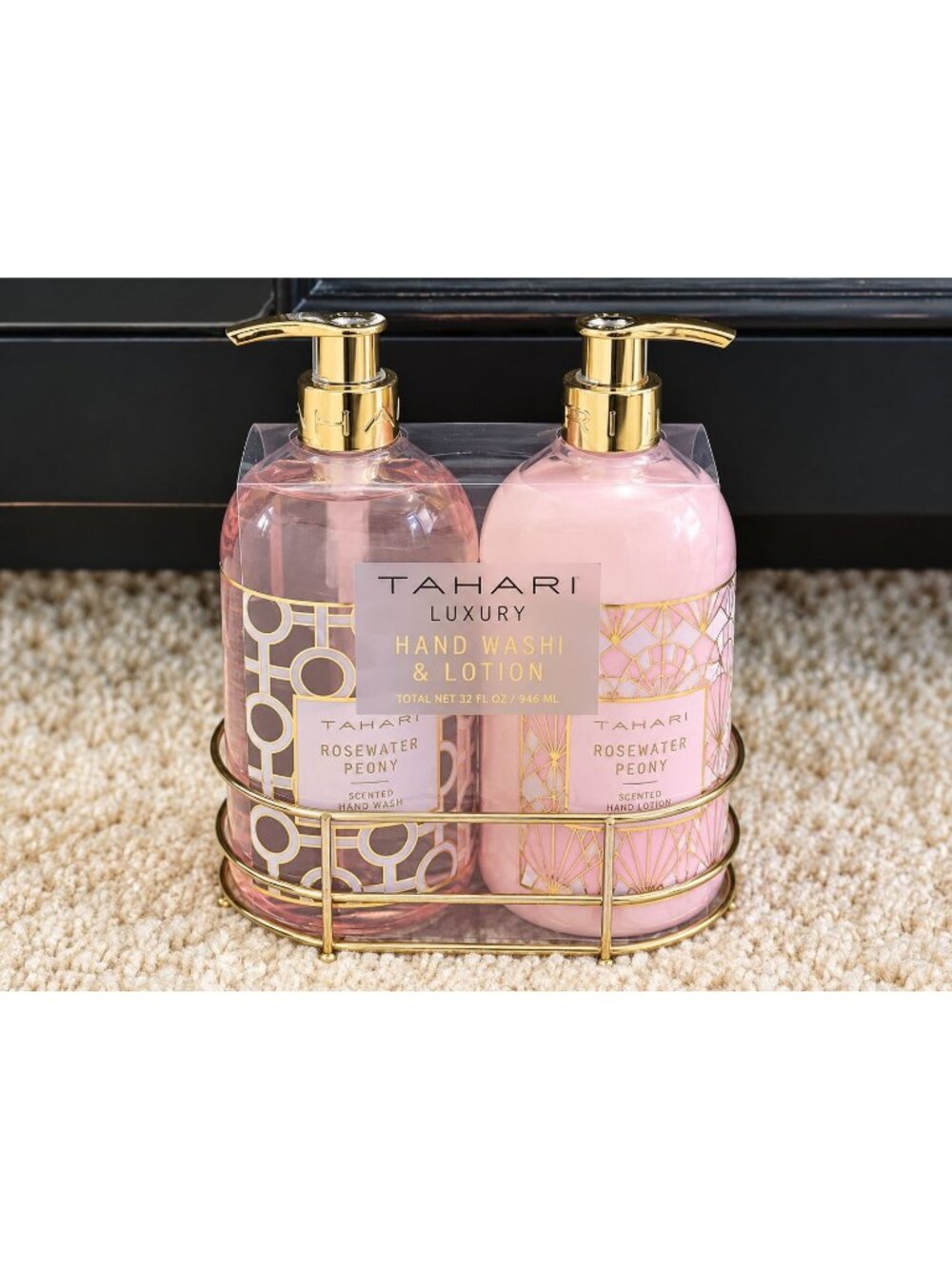 Tahari Luxury Rosewater Peony Hand Wash & Lotion Gift Set 32 oz Gold Caddy